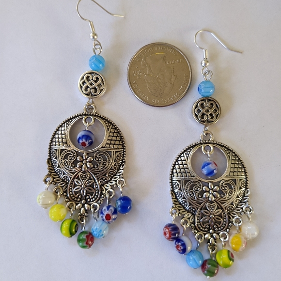 Colorful Rainbow Beaded Dangle Chandelier Earrings - Picture 4 of 4